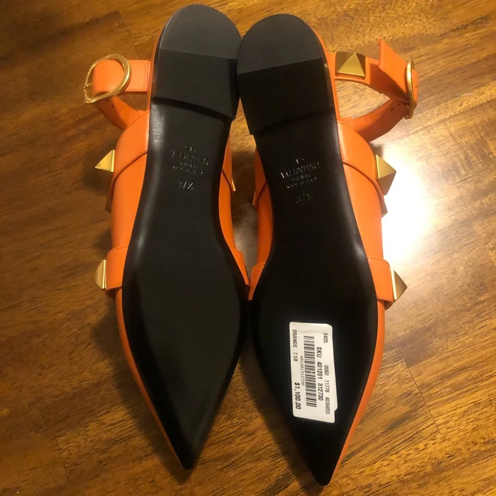NIB $1100 VALENTINO Roman Stud Ankle-cuff Leather Ballerinas In Orange Zest 37.5